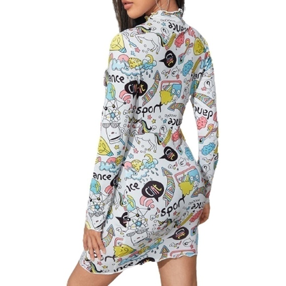 Op Pop Art Scribble Dress Bandaid Bodycon Graphic Cartoon Graffiti Unicorns NIP - Picture 5 of 12